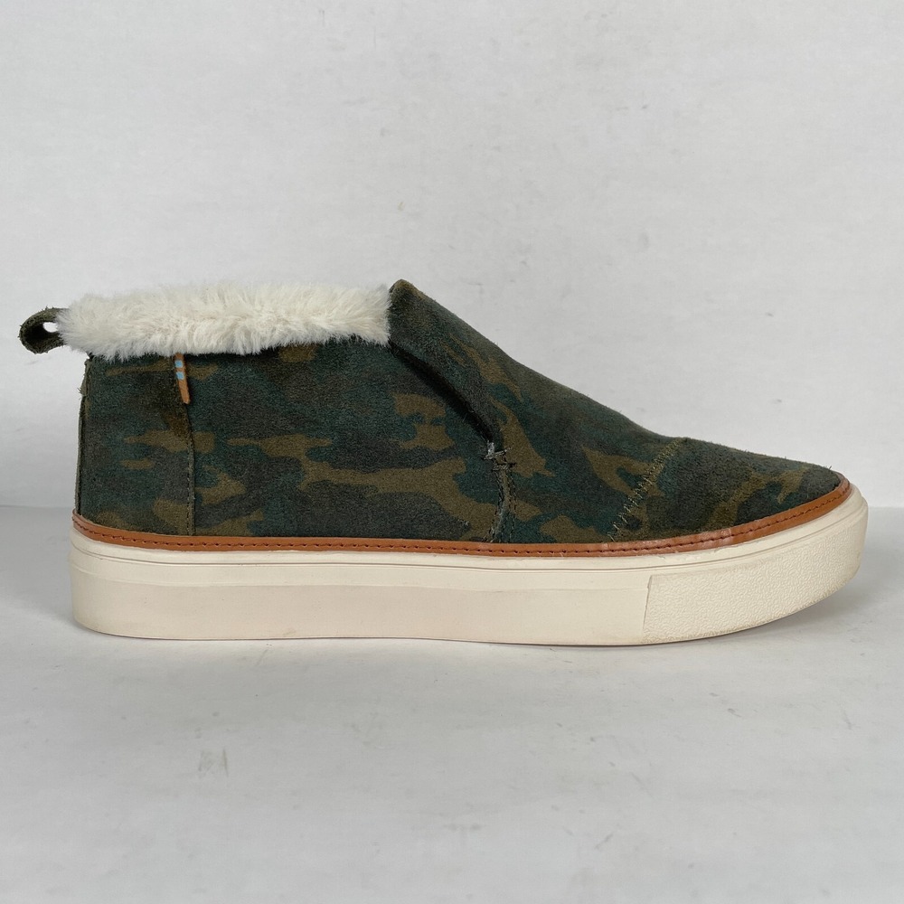 Toms Paxton Camo Shoes Womens Size 8 Green Suede Fur Trim Slip On Comfort Bootie